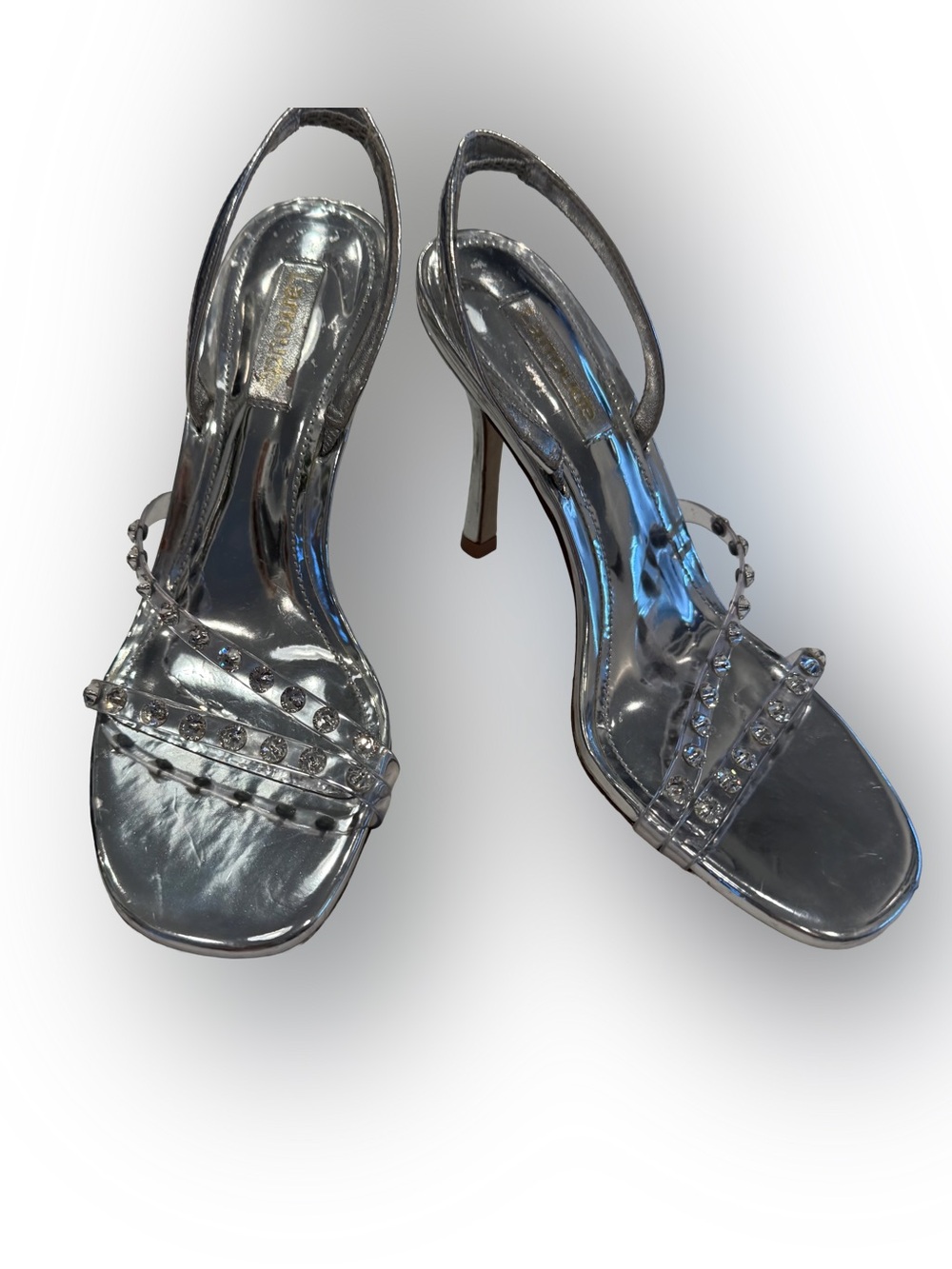 LARROUDE Annie Sandals Silver Swarovski Crystals Slingback Heels Sz 6.5 NEW